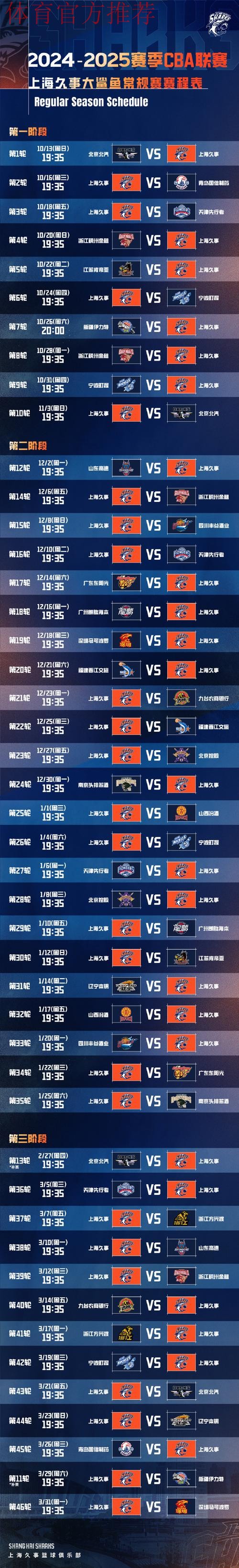 上海男篮分享常规赛赛程表：今晚将迎潜力赛首战
